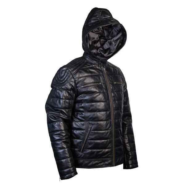 Puffy Leather Jacket With  Hood