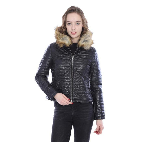 Black Puffy Leather Jacket With Hood