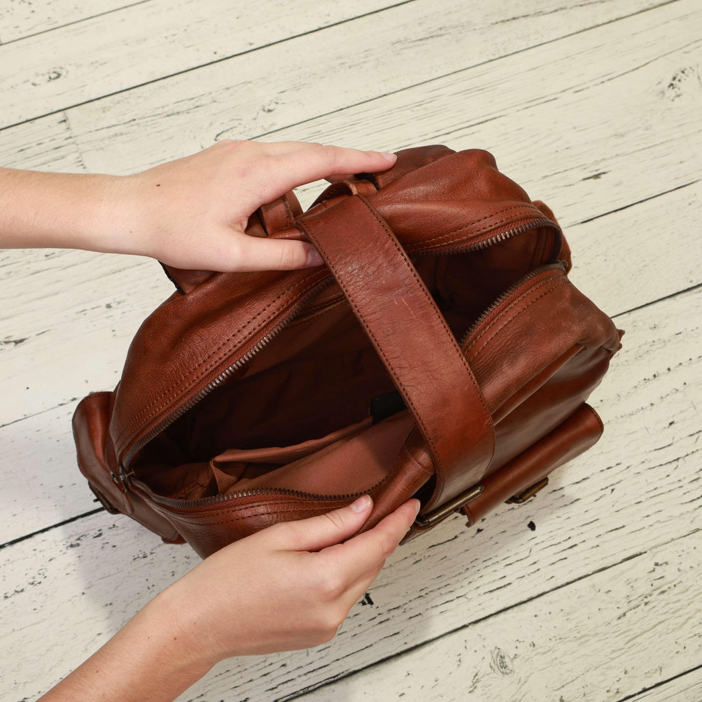 bryant retro stripe leather backpack Shop Vintage Urban Leather Backpack - SKU: LBP-LUBP2-BRWN